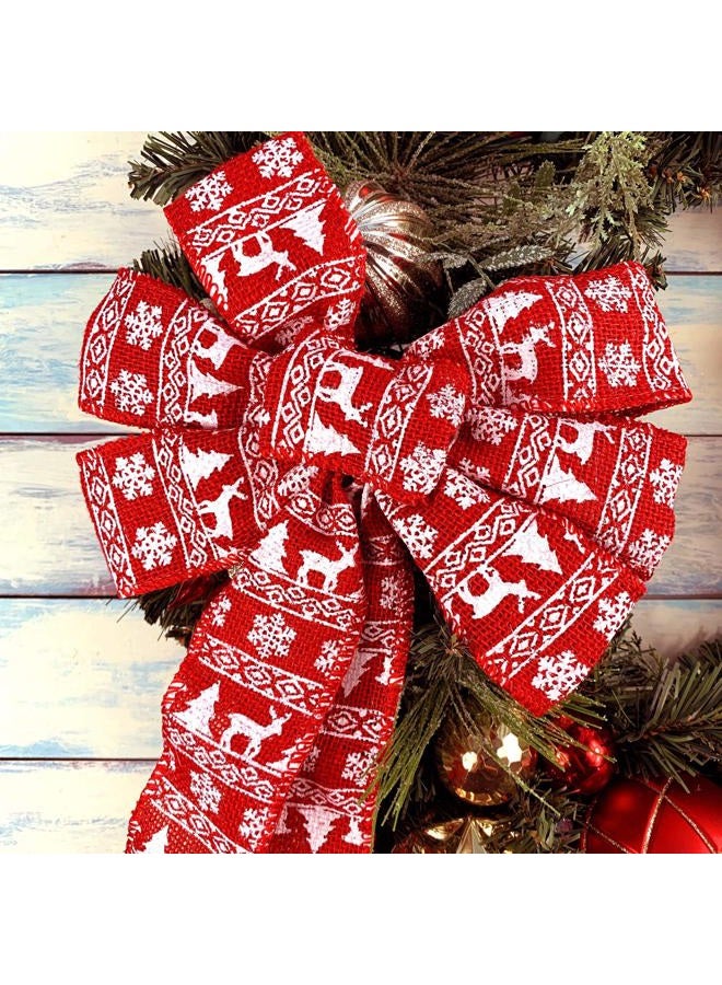 GiftWrap Etc. Red Fair Isle Christmas Bow - 10" Wide, 18" Long Pre-Tied Bow, White Print on Burlap, Nordic Pattern, Door Decoration, Swag, Wreath, Garland, Christmas Tree Ribbon, Winter Decor, Front Door Decor - Image 2
