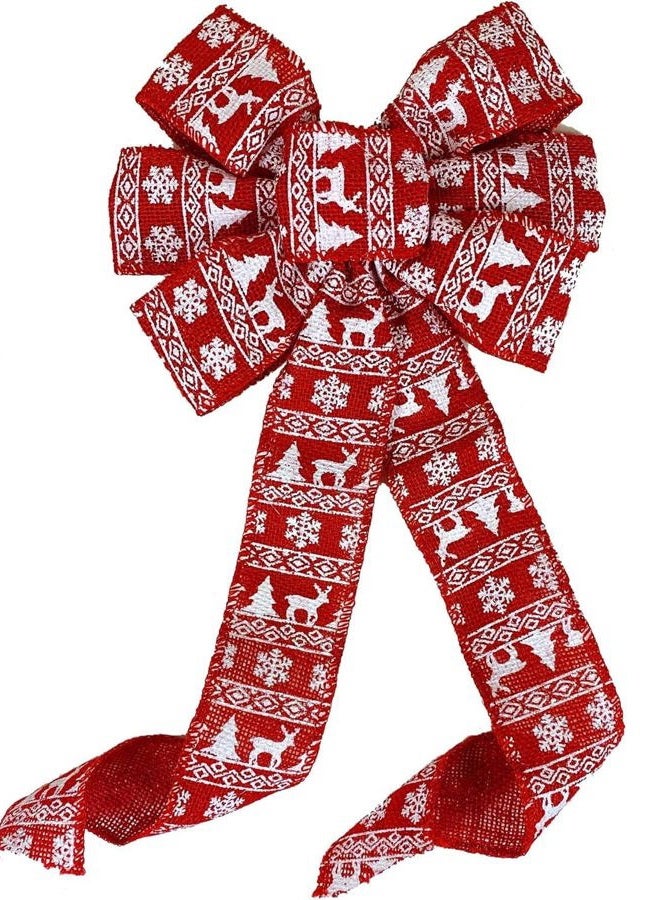 GiftWrap Etc. Red Fair Isle Christmas Bow - 10" Wide, 18" Long Pre-Tied Bow, White Print on Burlap, Nordic Pattern, Door Decoration, Swag, Wreath, Garland, Christmas Tree Ribbon, Winter Decor, Front Door Decor - Image 1