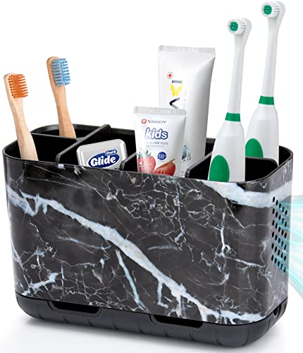 Boperzi Black Toothbrush Holder for Bathroom Toothpaste Organizer Countertop, Detachable Anti-Slip Marble Toothpaste Storage Caddy 6 Slots with Drainage Holes for Makeup Brush Razor Stand - Image 1