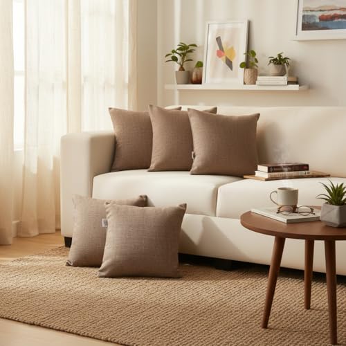 STITCHNEST 16x16 Inches Beige Solid Jute Cushion Cover Set of 5 | Durable Textured Pillow Covers for Sofa, Bed & Living Room | Natural Fiber | Modern Minimal Style | Perfect for Home Decor - Image 1