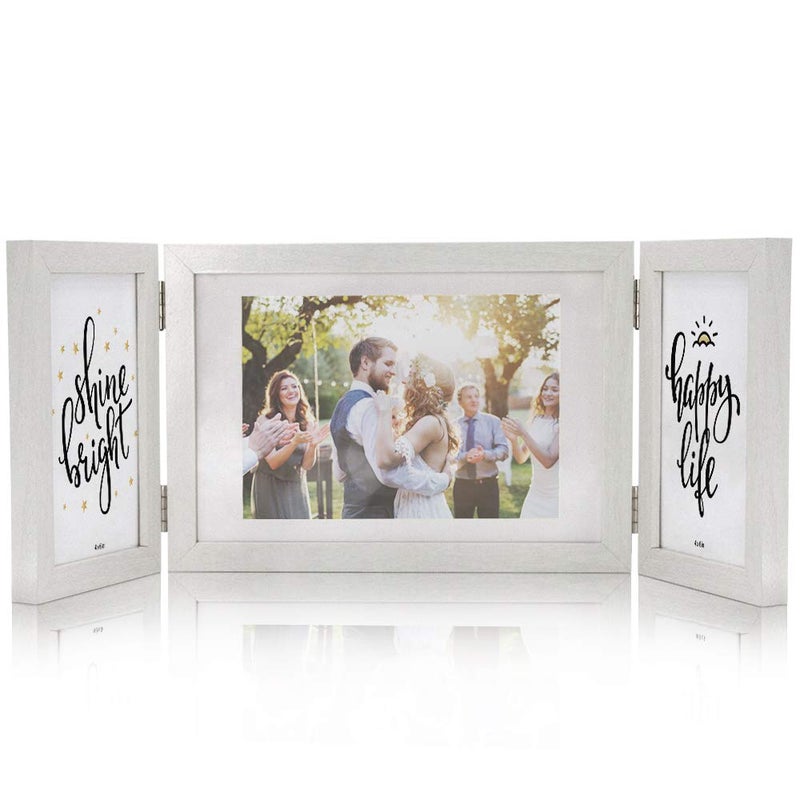 Afuly White 3 Picture Frame 5x7 4x6 Triple مفصلية إطارات صور قابلة للطي إطارات الصور الكولاج 3 فتح لعرض مكتب الطاولة هدايا فريدة من نوعها لهدايا زفاف عيد ميلاد لأصدقاء العائلة