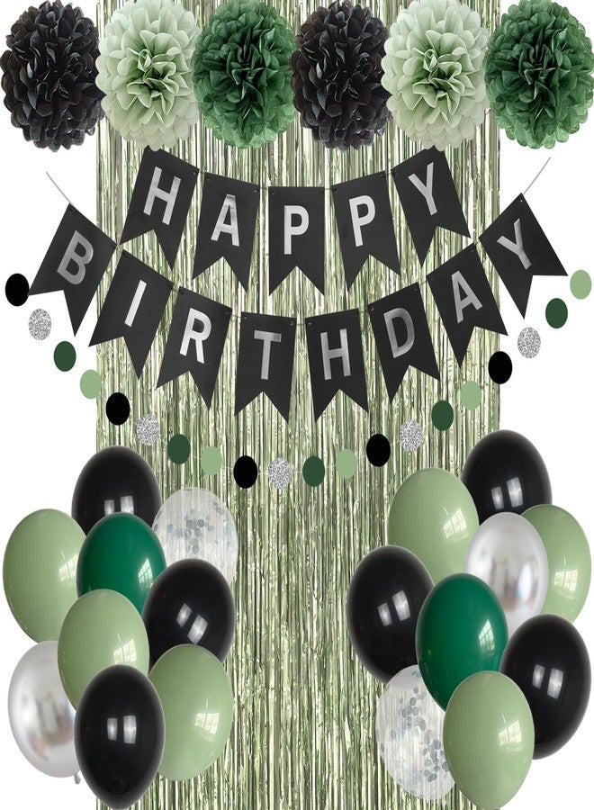 ANSOMO Sage Green and Black Happy Birthday Party Decorations Banner Men Boys Him Balloons Foil Curtain Garland Tisuue Pom Poms 30th 40th 50th 60th 70th 80th 90th 100th - Image 1