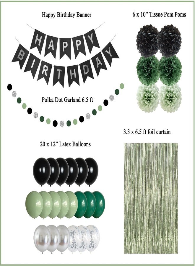 ANSOMO Sage Green and Black Happy Birthday Party Decorations Banner Men Boys Him Balloons Foil Curtain Garland Tisuue Pom Poms 30th 40th 50th 60th 70th 80th 90th 100th - Image 3