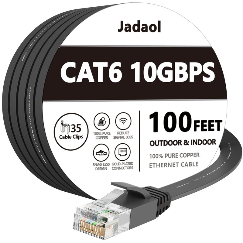 Jadaol Cat 6 Ethernet Cable 100 ft Outdoor Indoor 10Gbps Support Cat8 Cat7 Network Flat RJ45 Internet LAN Computer Patch Cable for Router Modem Switch Gaming Consoles Streaming Devices Black