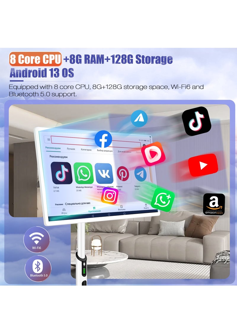 XIAN TIAN XIA 32 Inch Smart Portable TV, Rolling Tablet with Adjustable Floor Touchscreen Monitor, 8G RAM + 128G ROM | Build-in Camera | Android OS, Battery Powered 4-6 Hours - Image 2