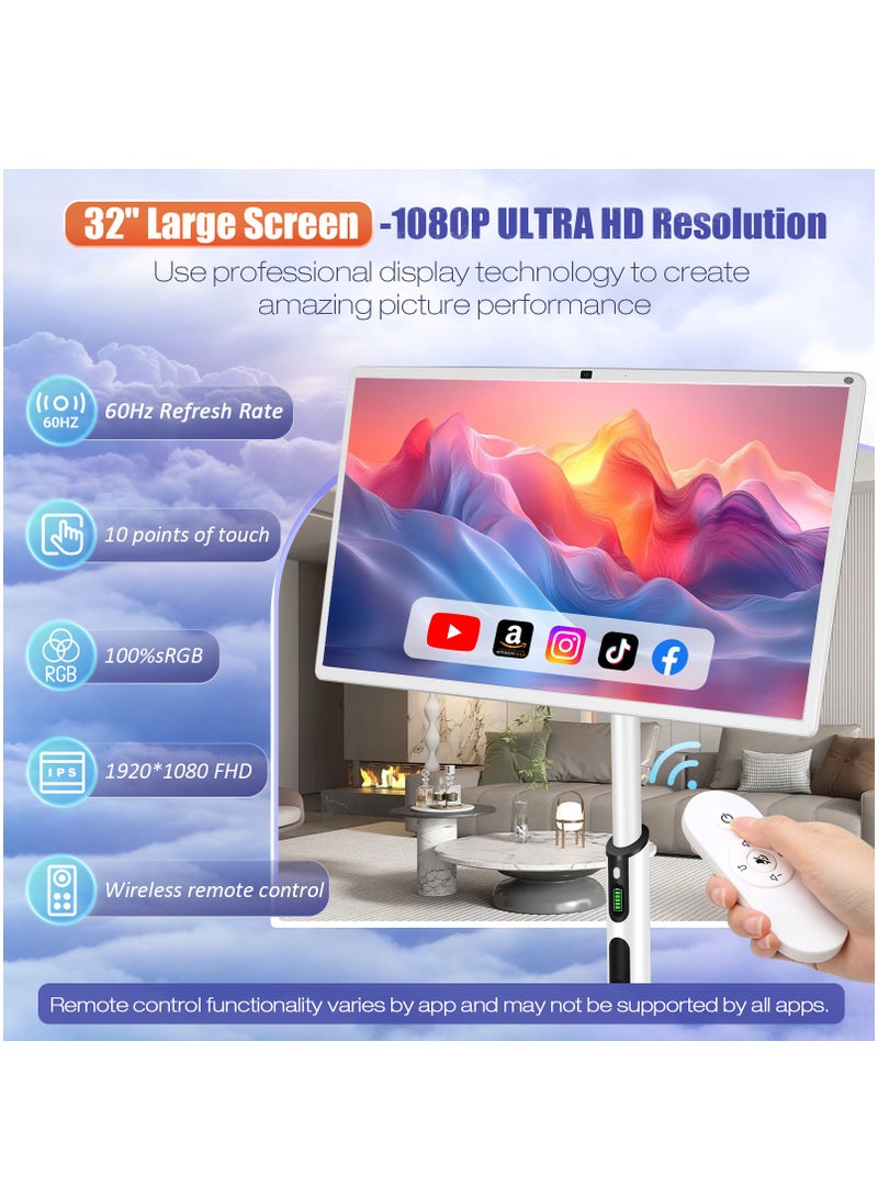 XIAN TIAN XIA 32 Inch Smart Portable TV, Rolling Tablet with Adjustable Floor Touchscreen Monitor, 8G RAM + 128G ROM | Build-in Camera | Android OS, Battery Powered 4-6 Hours - Image 3