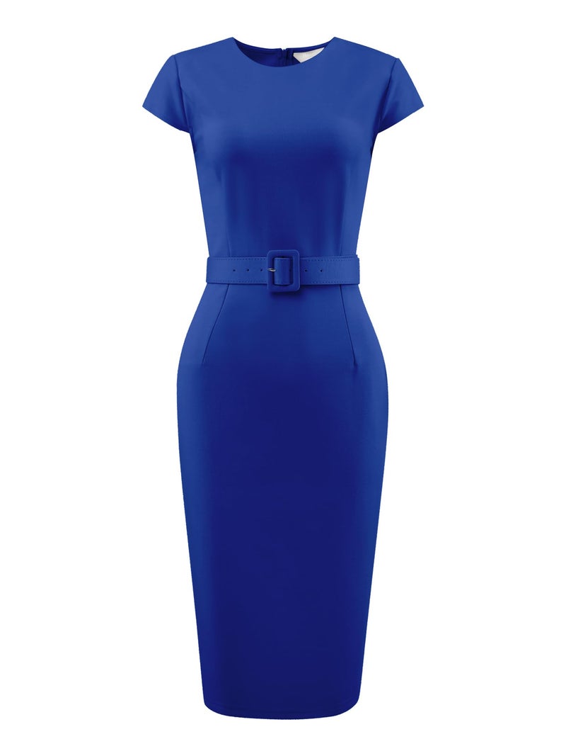 Hobemty Women's Knee Length Pencil Dress Cap Sleeve Belted Wear to Work Sheath Dresses Small Royal Blue - Image 1