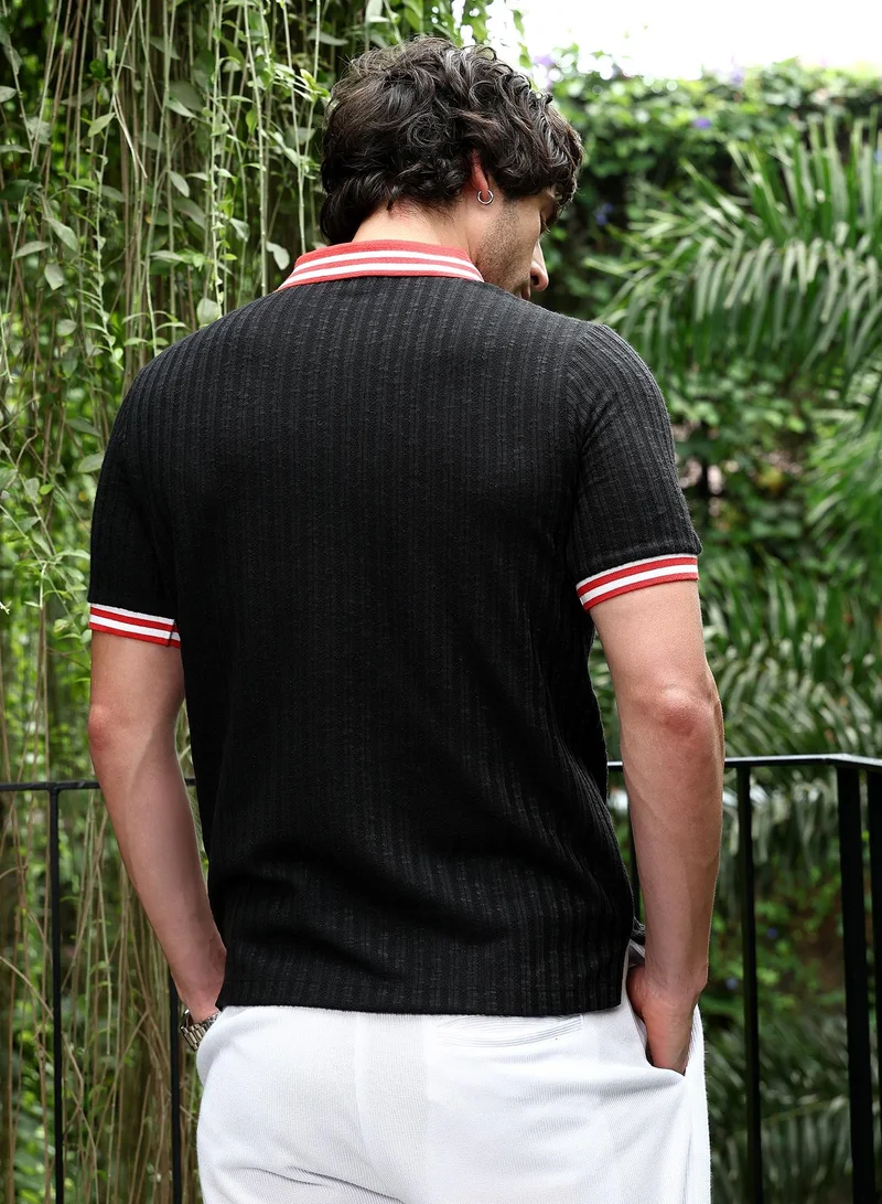 CAHOOT  Men's Onyx Black Contrast Vine-Tactile Polo T-Shirt for Men | Best Price UAE