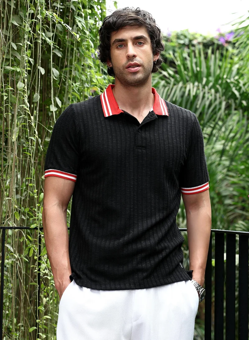 CAHOOT  Men's Onyx Black Contrast Vine-Tactile Polo T-Shirt for Men | Best Price UAE