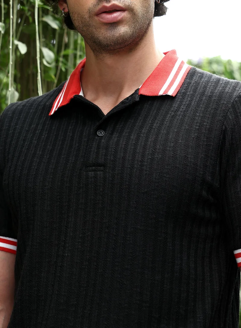 CAHOOT  Men's Onyx Black Contrast Vine-Tactile Polo T-Shirt for Men | Best Price UAE