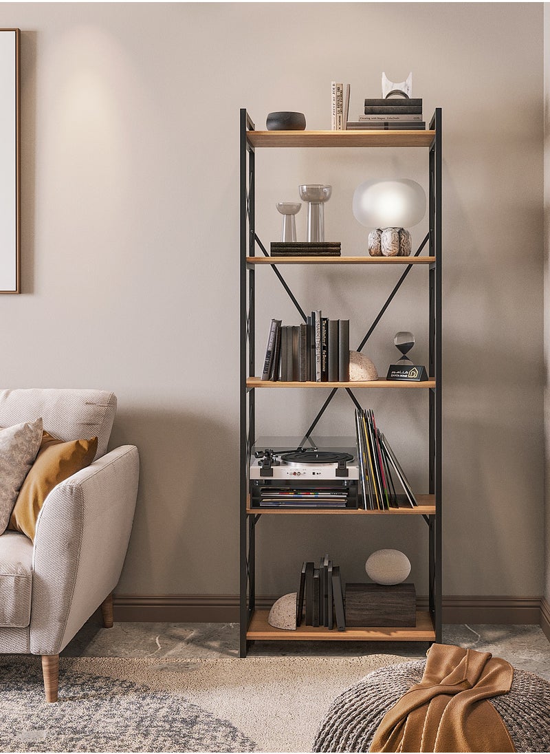 DANTA HOME - Book Library Shelves, Wooden Kitchen Storage Shelves, Of 5 Wood Shelves And An Iron Frame With An Elegant And Modern Design, 180x66x34 - Brown/Black - Image 1