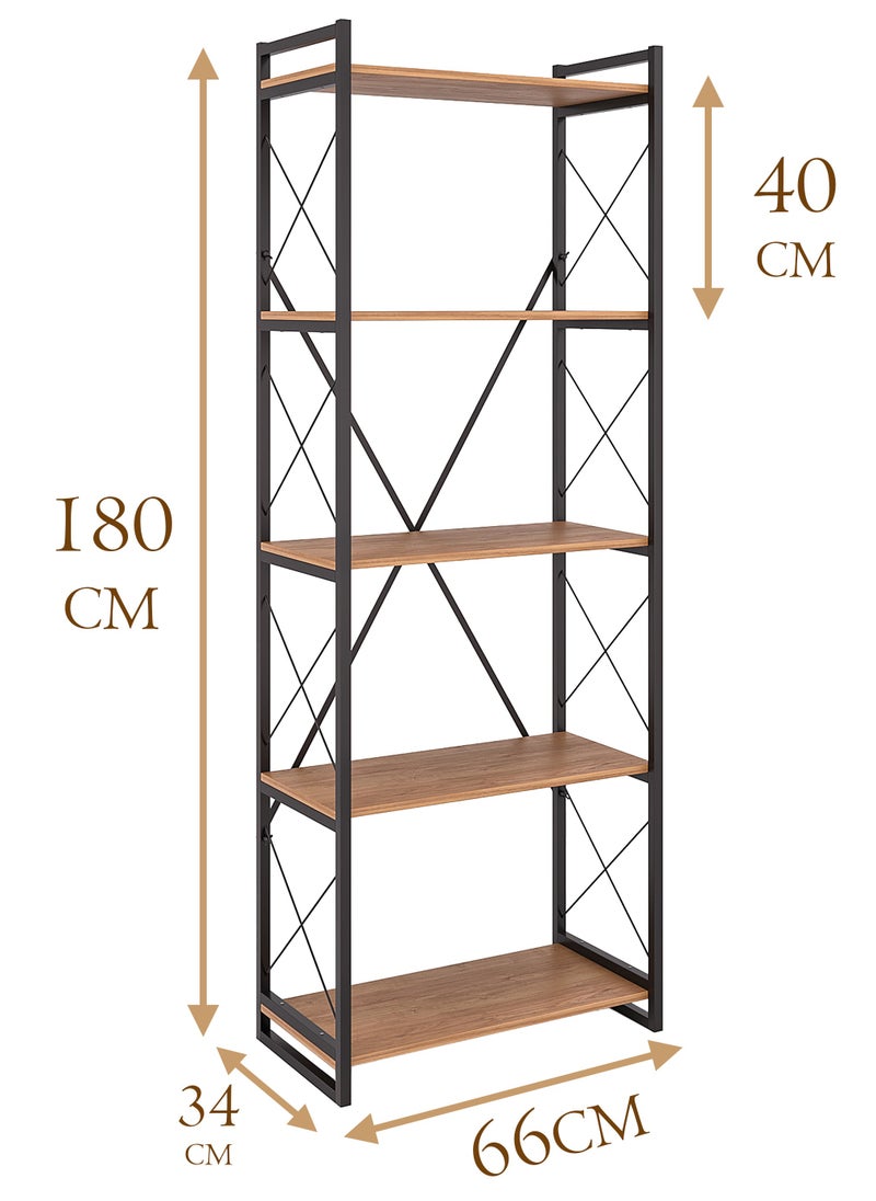 DANTA HOME - Book Library Shelves, Wooden Kitchen Storage Shelves, Of 5 Wood Shelves And An Iron Frame With An Elegant And Modern Design, 180x66x34 - Brown/Black - Image 1