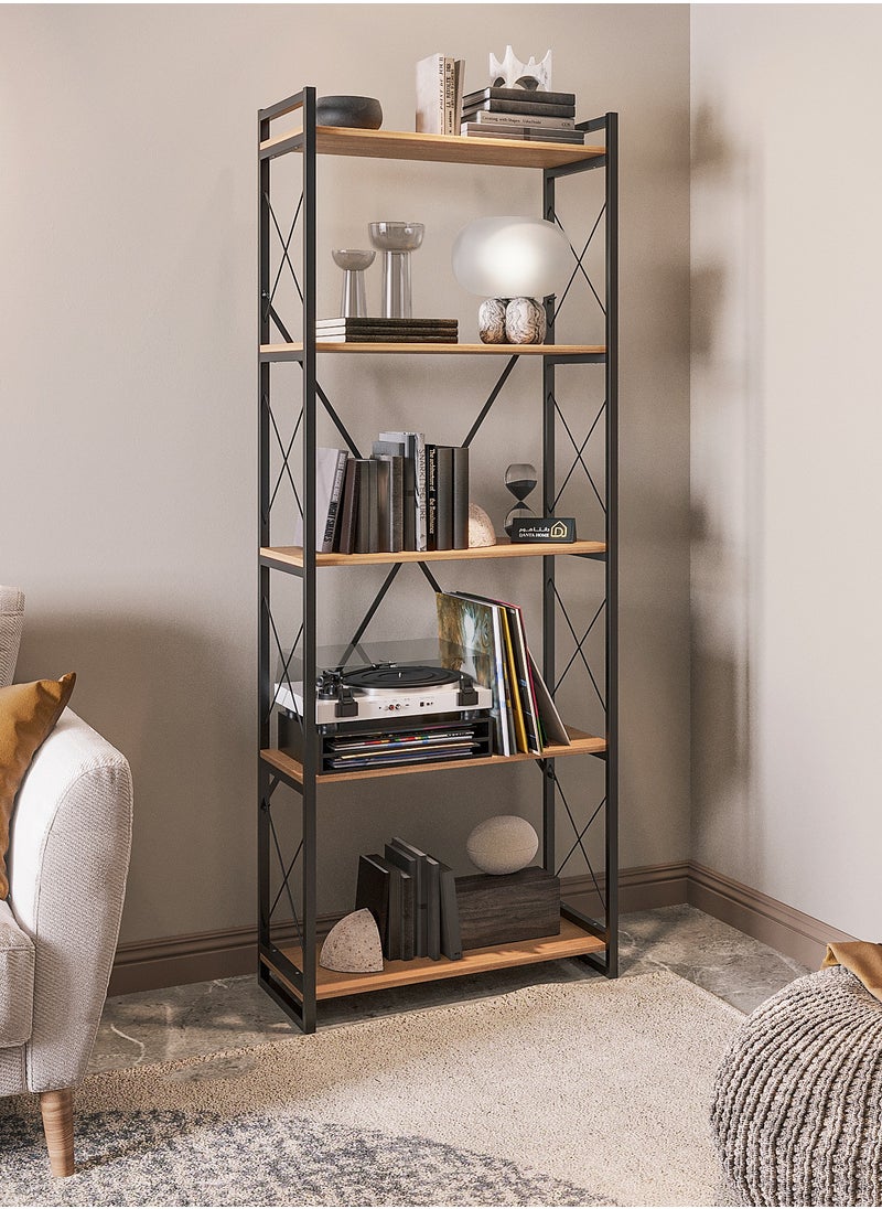 DANTA HOME - Book Library Shelves, Wooden Kitchen Storage Shelves, Of 5 Wood Shelves And An Iron Frame With An Elegant And Modern Design, 180x66x34 - Brown/Black - Image 1