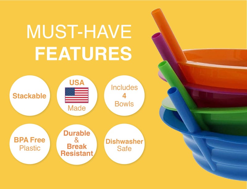 Arrow Home Products Sip-A-Bowl Set, 22oz, 4pk - BPA Free Straw Bowls for Kids To Sip Up Every Drop Without the Mess - Made in the USA, Great for Cereal, Ice Cream, Soup, Milk - Assorted Colors - Image 3