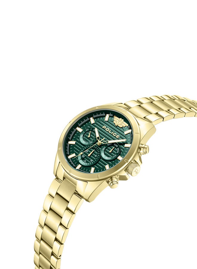 POLICE Men Malawi Men's 45mm Multifunction Watch with Satin Dark Green Dial & 316L Ion-Plated Gold Stainless Steel Bracelet - Image 2