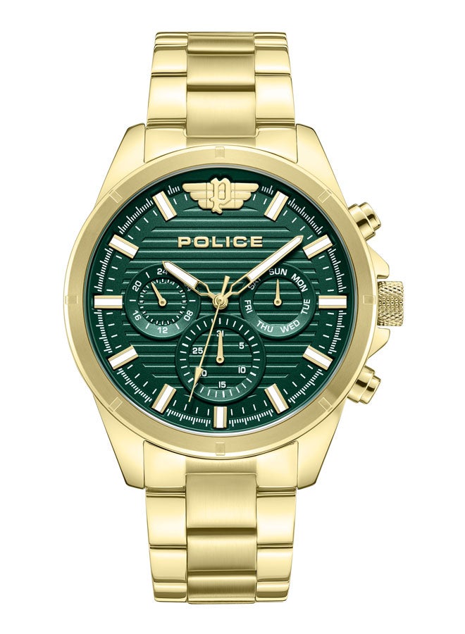 POLICE Men Malawi Men's 45mm Multifunction Watch with Satin Dark Green Dial & 316L Ion-Plated Gold Stainless Steel Bracelet - Image 1