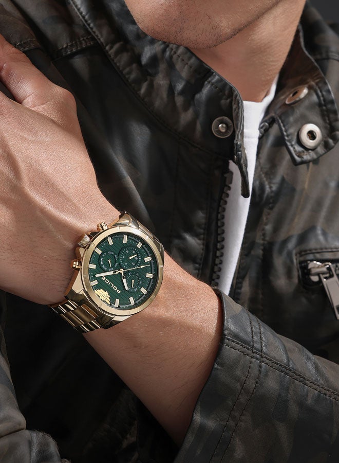 POLICE Men Malawi Men's 45mm Multifunction Watch with Satin Dark Green Dial & 316L Ion-Plated Gold Stainless Steel Bracelet - Image 4