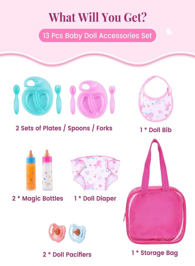 BABESIDE مجموعة إكسسوارات دمية الأطفال من بيبي سايد، 13 قطعة، تتضمن زجاجات سحرية وحفاضات ولهّايات وحقيبة تخزين، مجموعة إطعام دمية الأطفال مع إكسسوارات واقعية لدمية الأطفال، ألعاب تمثيلية للبنات - Image 3