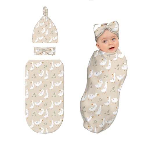 Sozzjile Goose Baby Stuff Swaddle Blanket with Headband and Beanie Set, Newborn Receiving Blanket Outfit Infant Shower Gift for Boys Girls - Image 1