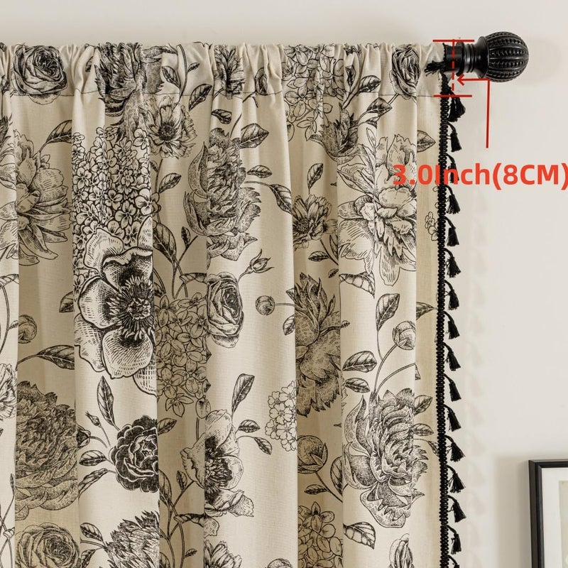 F-CHU Bohemian Curtains for Bedroom 63 Inch Length French Country Floral Drapes Farmhouse Rustic Window Curtain Panels for Bedroom Chic Cotton Linen Blend Toile Curtainï¼Œ2 Panel - Image 4