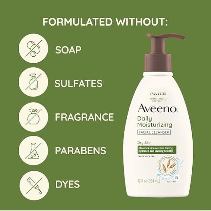 Aveeno Daily Moisturizing Facial Cleanser for Dry Skin, Gentle Face Cleanser with Soothing Oat for Skin that Feels Soft & Supple, Removes Dirt, Oil and Impurities, Fragrance Free, 12 FL OZ - Image 5