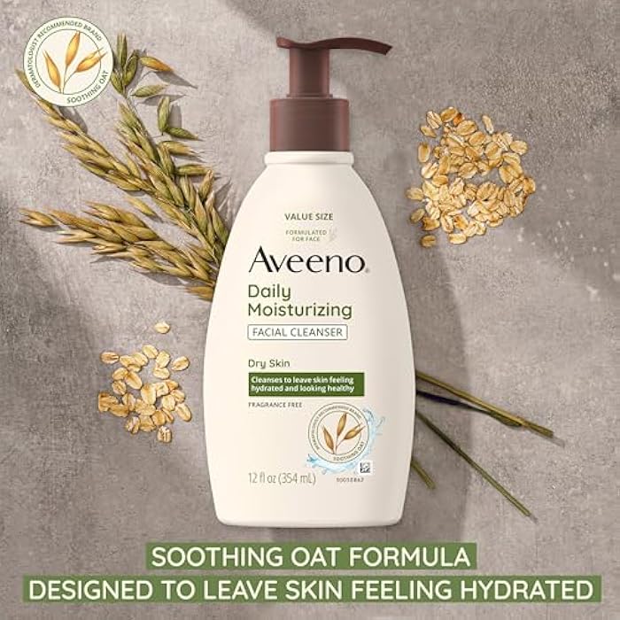 Aveeno Daily Moisturizing Facial Cleanser for Dry Skin, Gentle Face Cleanser with Soothing Oat for Skin that Feels Soft & Supple, Removes Dirt, Oil and Impurities, Fragrance Free, 12 FL OZ - Image 3