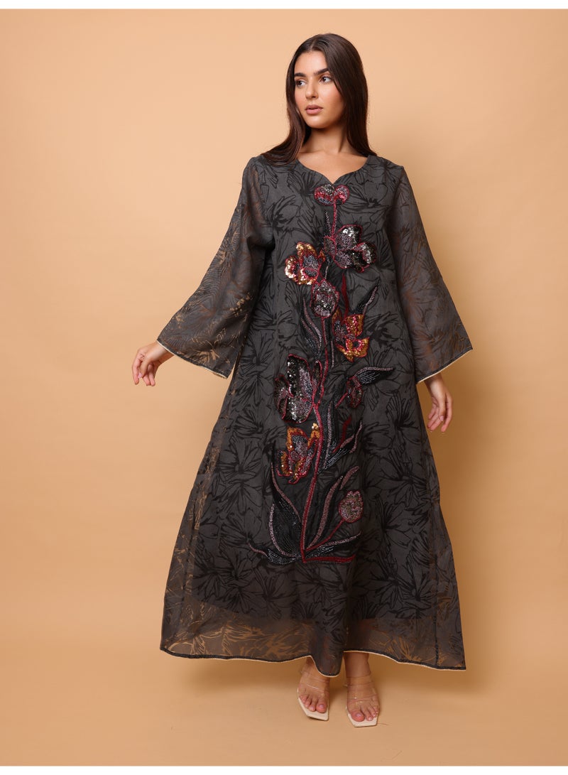 IKKXA Elegant Sequin Floral Applique Jalabiya IK1057 Black - Image 5