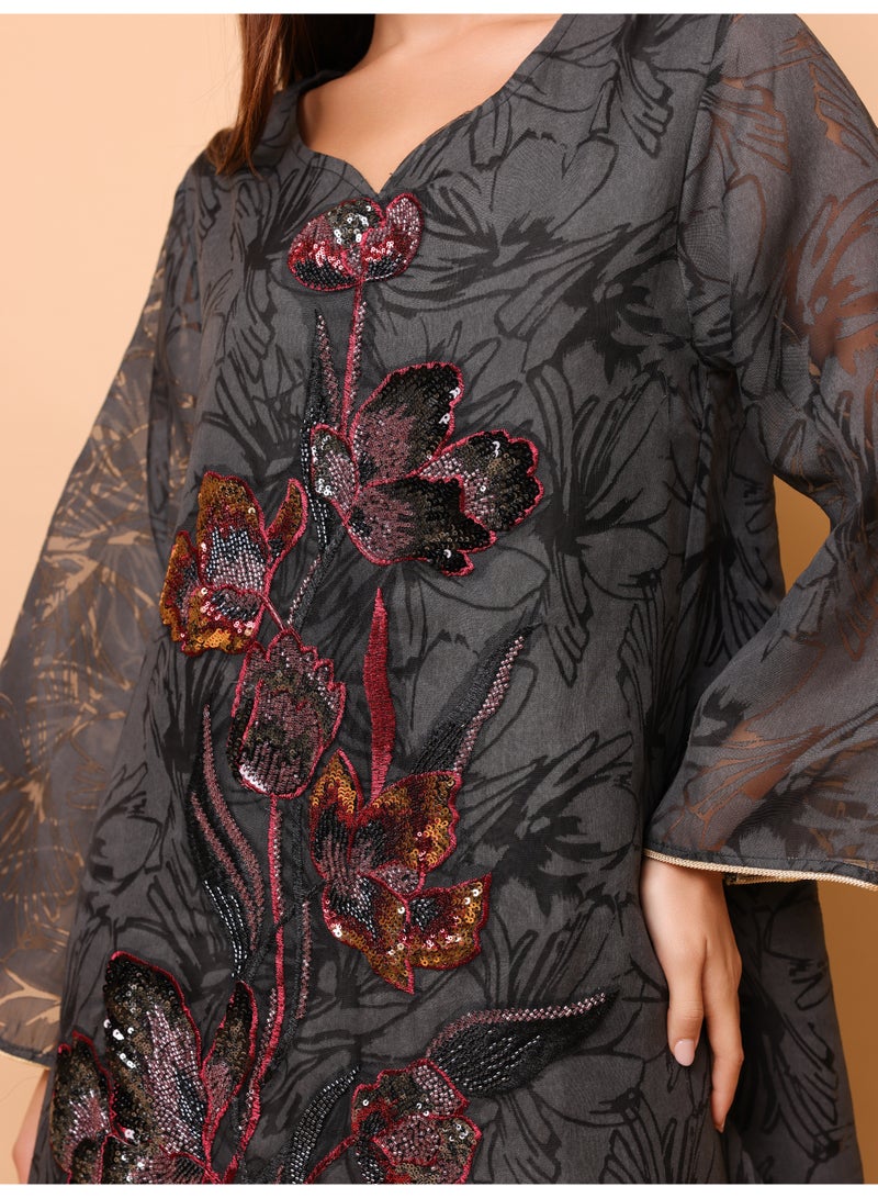 IKKXA Elegant Sequin Floral Applique Jalabiya IK1057 Black - Image 2