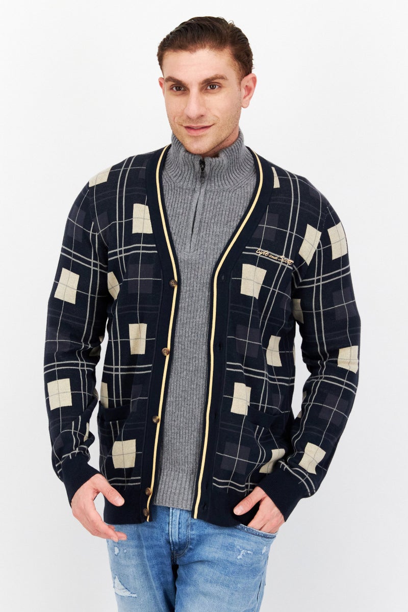 Lyle & Scott Men V Neck Long Sleeve Plaid Cardigan, Navy Combo  - Image 1