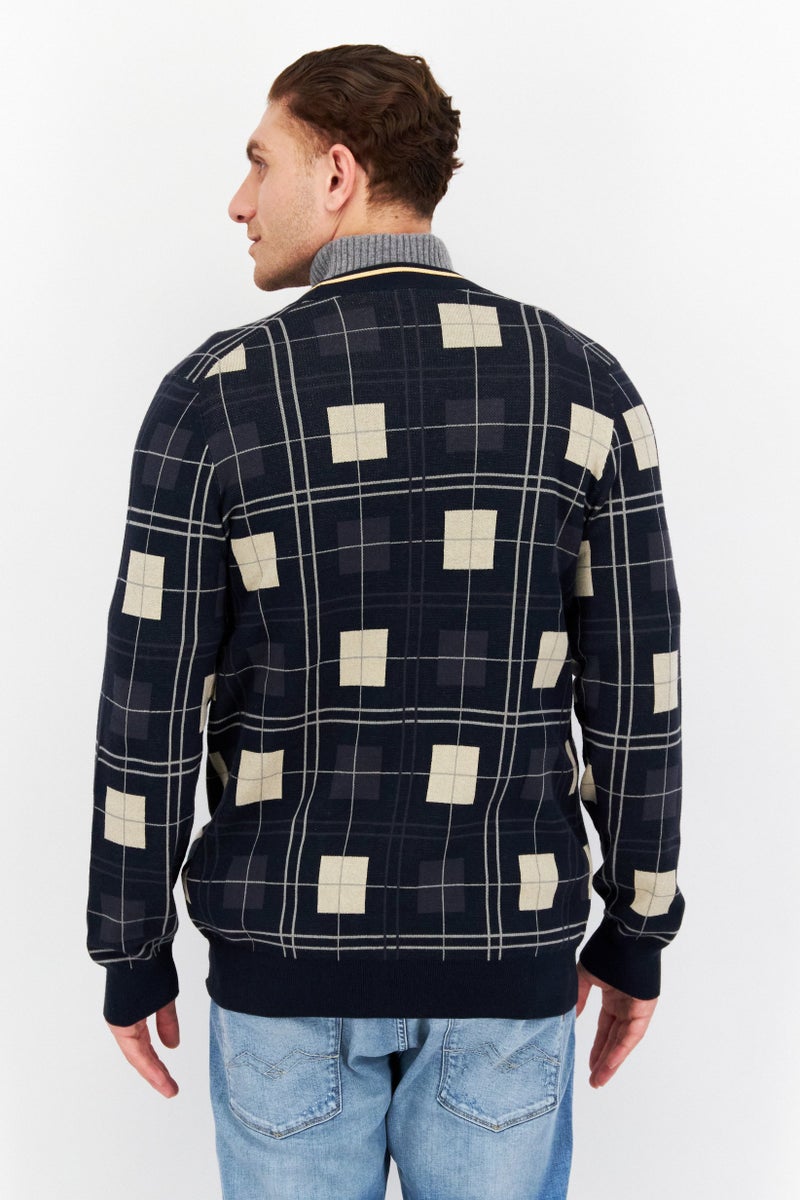 Lyle & Scott Men V Neck Long Sleeve Plaid Cardigan, Navy Combo  - Image 4