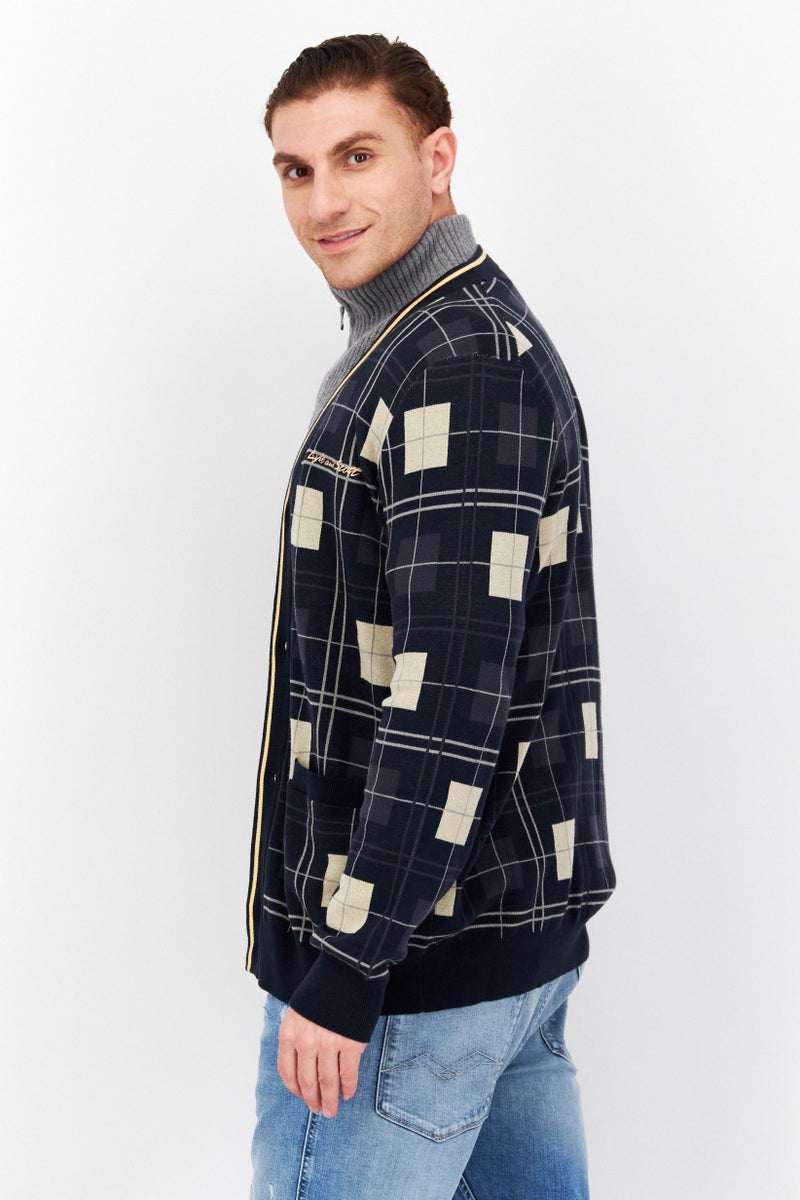 Lyle & Scott Men V Neck Long Sleeve Plaid Cardigan, Navy Combo  - Image 3