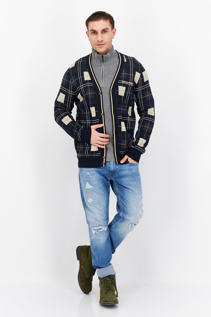 Lyle & Scott Men V Neck Long Sleeve Plaid Cardigan, Navy Combo  - Image 2