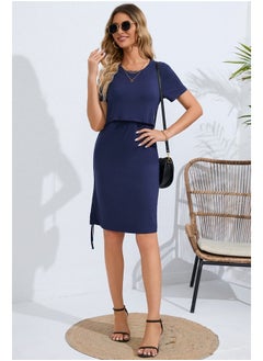 Sosolism 4 in 1 Women's Maternity Nursing T-Shirt Dress for Breastfeeding Solid Short Sleeve Top Dark Blue  - Image 4