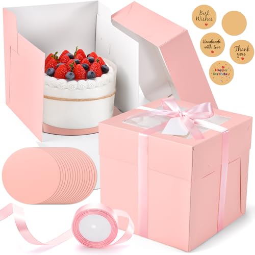 DOYIDE 24Pcs 8x8x8 Inch Cake Boxes, 12pcs Pink Bakery Boxes with Window (12pcs Cake Boards), Square Cake Carrier Container Disposable Pie Boxes Package for Bake Decorating Supplies - Image 1