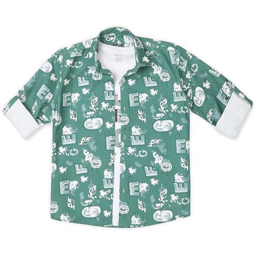 CAVIO Boys Green Typographic Print Full Sleeve Cotton Shirt with T-Shirt - Image 3