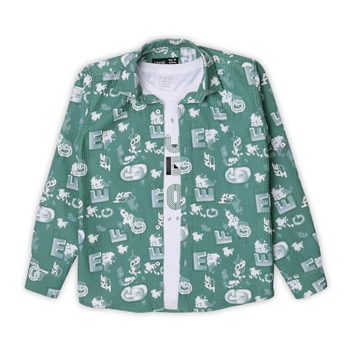 CAVIO Boys Green Typographic Print Full Sleeve Cotton Shirt with T-Shirt - Image 1