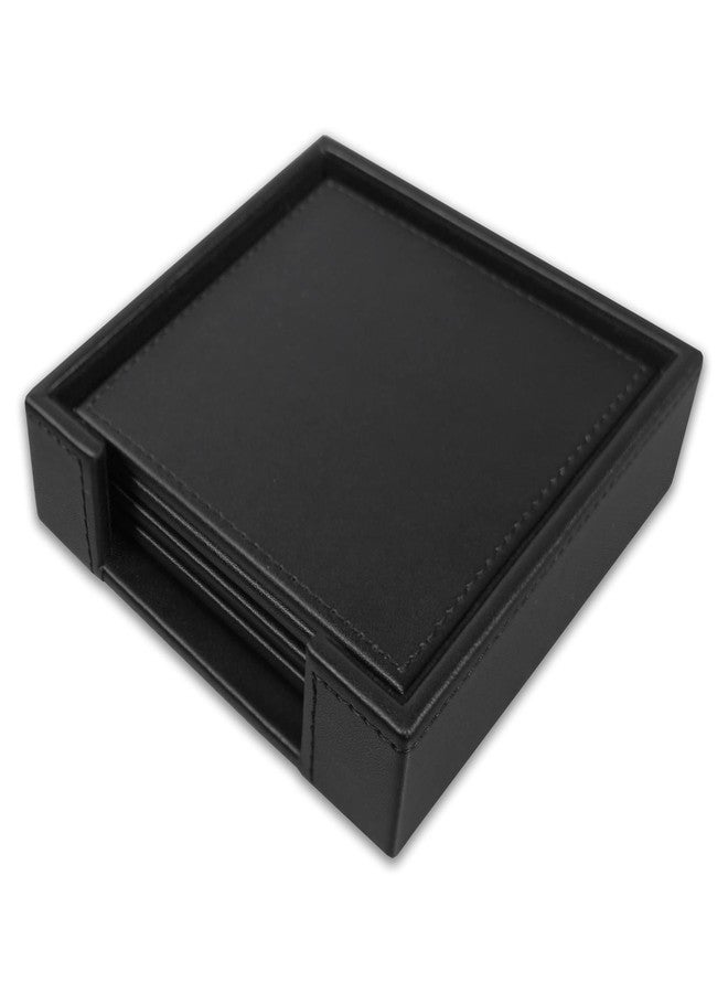 Dacasso Black Leatherette 4 Square Coaster Set with Stitched Edging and Holder - Image 1