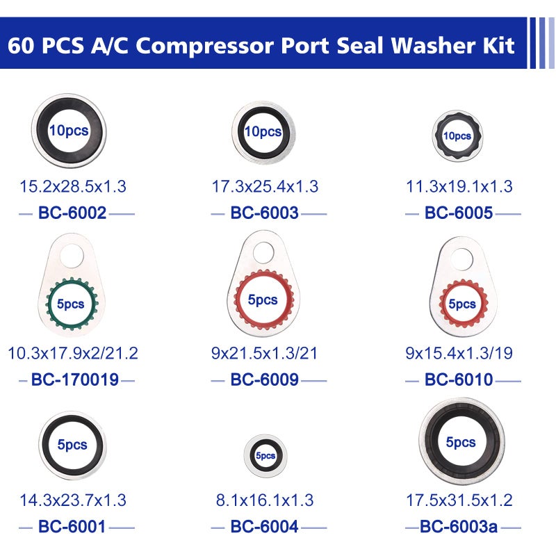 BUSY-CORNER A/C System Compressor Gasket Seals Air Conditioning Compressor Port Seal Washer Kit 60 Pieces Gasket Bonded Seal Assortment - Image 2