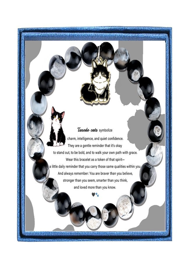LIUANAN Tuxedo Cat Charm Bracelet for Women Agate Emotional Support Jewelry Gifts for Cats Lovers Pet Owners/Moms Her Mom Grandma Daughter Niece Birthday (Tuxedo Cat) - Image 1