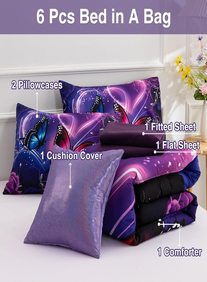 A Nice Night Galaxy 6pcs Bed in A Bag Purple and Blue Dreamy 3D Butterfly Printed, Butterflies Bedding Twin Comforter Set, for Girls Kids Teens - Image 3