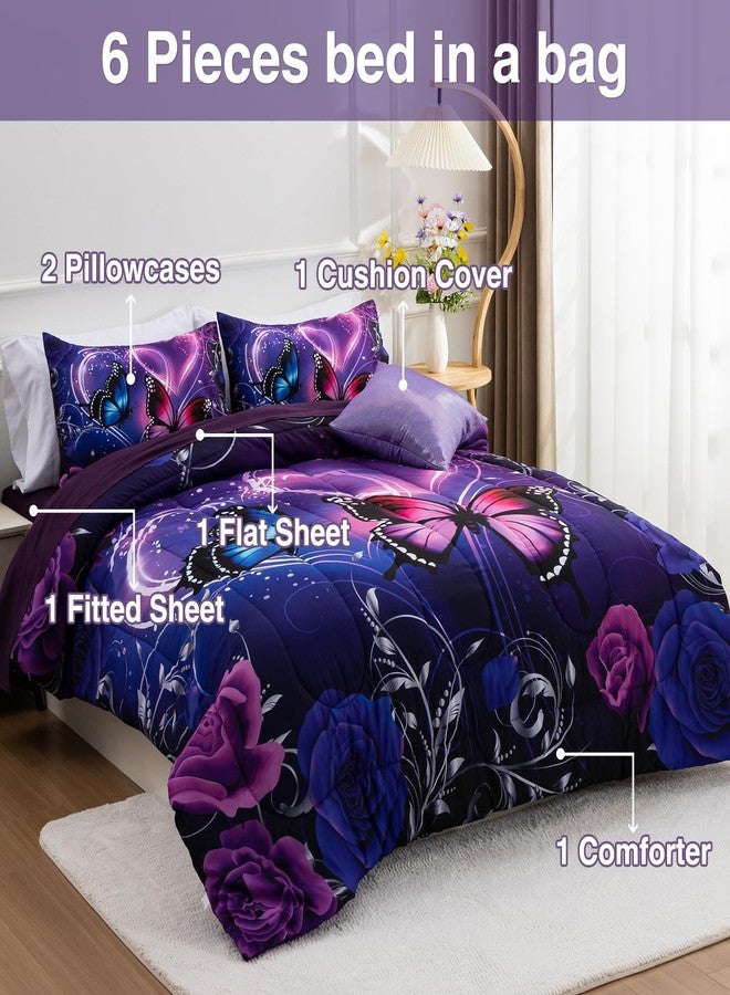 A Nice Night Galaxy 6pcs Bed in A Bag Purple and Blue Dreamy 3D Butterfly Printed, Butterflies Bedding Twin Comforter Set, for Girls Kids Teens - Image 2