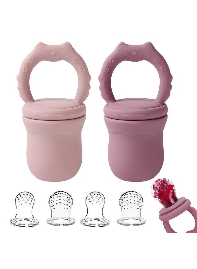 Socub 2 Pack Mesh Fruit Food Feeder Teether, Silicone Frozen Feeders for 3M+ Baby Safe Self Feeding, 3 Sizes Food Pouches Included, Suitable for Babies Teething Relief (Rose, Dusty Lilac) - Image 1