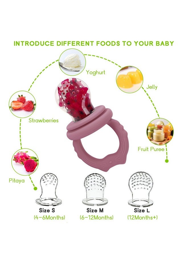 Socub 2 Pack Mesh Fruit Food Feeder Teether, Silicone Frozen Feeders for 3M+ Baby Safe Self Feeding, 3 Sizes Food Pouches Included, Suitable for Babies Teething Relief (Rose, Dusty Lilac) - Image 3