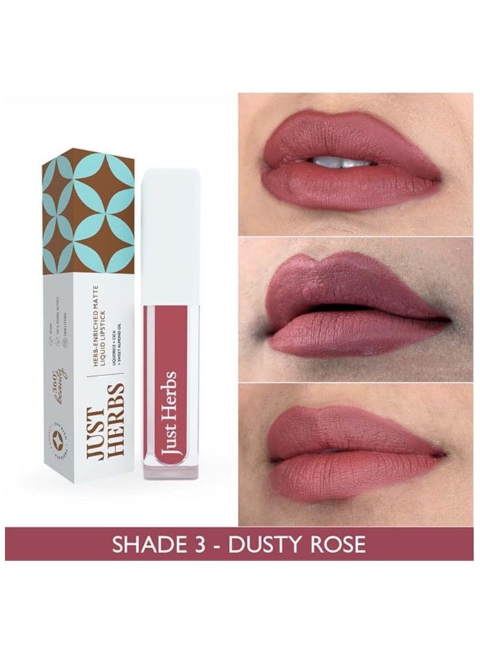 جاست هيربز أحمر شفاه سائل أيورفيدي كريمي مطفي يدوم طويلاً من جاست هيربز، لون شفاه خفيف الوزن ومرطب مع عرق السوس وزيت اللوز الحلو - روز داستي - Image 3