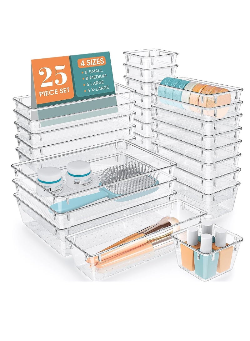 ليدين مجموعة منظم أدراج بلاستيكية شفافة 25 قطعة، 4 أحجام لمنظمات مقسم أدراج المكتب وصناديق تخزين للمكياج والمجوهرات والأدوات للمطبخ وغرفة النوم والحمام والمكتب (شفاف) - Image 1