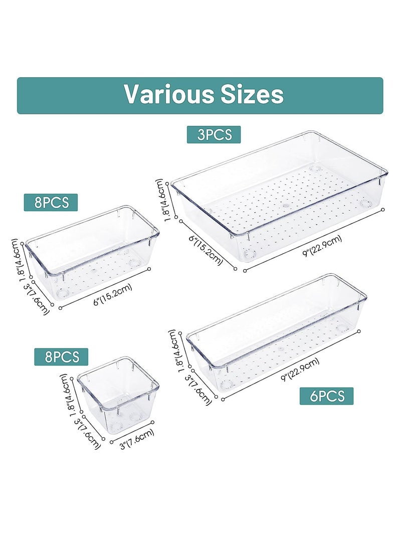 ليدين مجموعة منظم أدراج بلاستيكية شفافة 25 قطعة، 4 أحجام لمنظمات مقسم أدراج المكتب وصناديق تخزين للمكياج والمجوهرات والأدوات للمطبخ وغرفة النوم والحمام والمكتب (شفاف) - Image 3