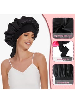 LEADUWAY Large Silk Hair Bonnet For Sleeping Women Double Layer Satin Bonnet With Elastic Band Black Sleep Cap For Curly Hair  - Image 2