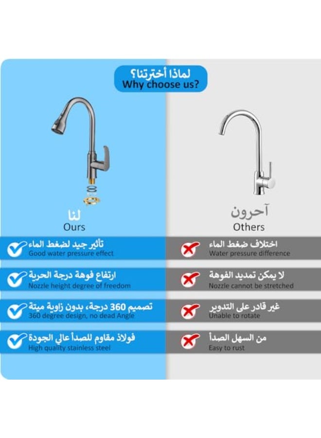 Professional kitchen faucet equipped with a water-saving retractable spout made of stainless steel, offering three water flow modes: spray, mix and hot and cold water faucet, suitable for homes, hotels, restaurants and apartments. - Image 5