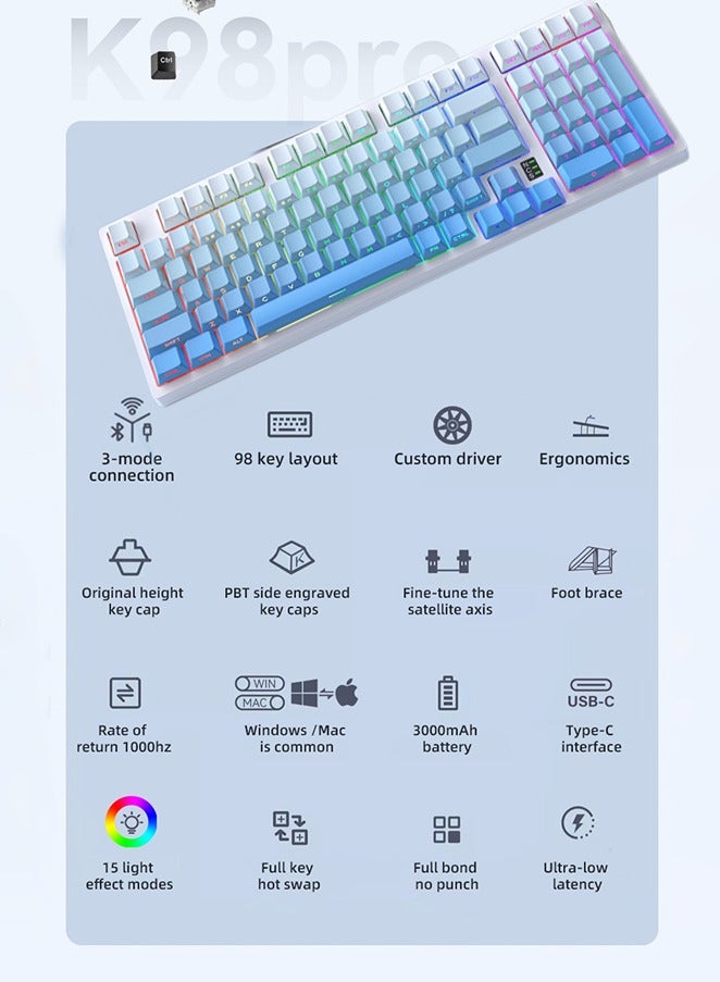 Bolivia's Gaming mechanical keyboard with Wireless Bluetooth Tri-Mode (2.4G/Bluetooth/USB-C) 98 Keys gradient keycaps,Hot-Swappable with Ergonomic Design and Waterproof，All Keys Without Conflict 4000 mAh Battery - Image 2