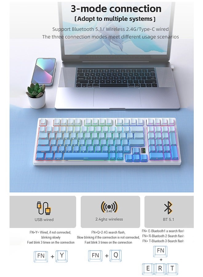 Bolivia's Gaming mechanical keyboard with Wireless Bluetooth Tri-Mode (2.4G/Bluetooth/USB-C) 98 Keys gradient keycaps,Hot-Swappable with Ergonomic Design and Waterproof，All Keys Without Conflict 4000 mAh Battery - Image 4